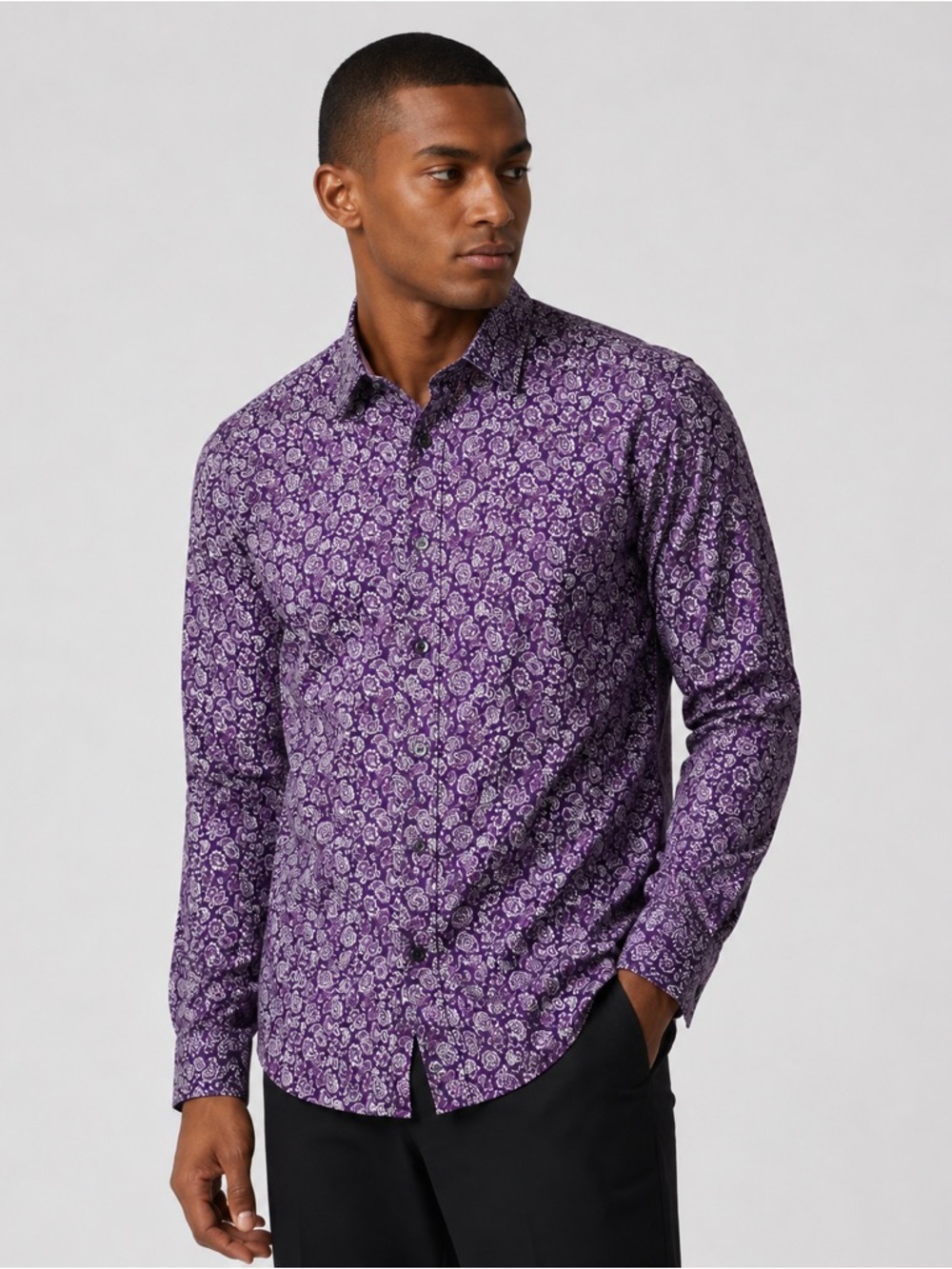 Express Men’s XL Fitted Purple Paisley Button Down Shirt 100% Cotton